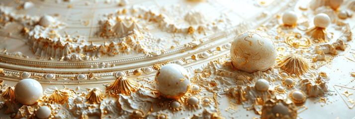 Wall Mural - a luxurious, intricate relief map with celestial and planetary features in gold and white tones, evo