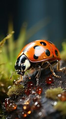 Poster - Macro ladybug in nature green background.  HD 8K wallpaper Stock Photographic Image 