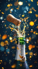 A champagne bottle pops, spraying bubbly liquid and confetti into the air, symbolizing celebration and the arrival of the New Year, filled with joy and anticipation