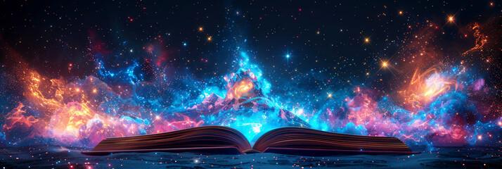 Canvas Print - open book emitting galaxies and stars, symbolizing the magic of knowledge and imagination, fitting f