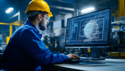 A male mechanical engineer in blue overalls and yellow helmet is sitting at the computer with his hands on keyboard, drawing design of electric motor.