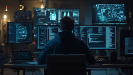 A computer engineer working on the design of software and systems, with two monitors displaying code or software interfaces in a dark blue room. The person is focused on their work at the desk,