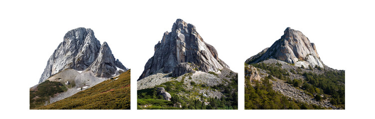 Poster - Three rocky mountain peaks with green vegetation at their base.