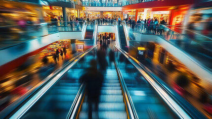 Wall Mural - abstract peolple shopping, motion blur 3d image of anonymous crowd walking modern busy shopping mall