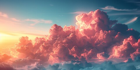 Majestic pink clouds illuminated by the warm light of the setting sun, creating a dreamy sky scene.