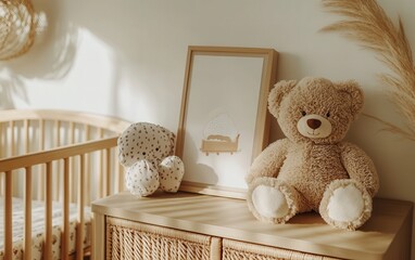 A plush toy sitting in a cabinet alongside a mockup poster, with a cradle in the distance of a baby's nursery. 