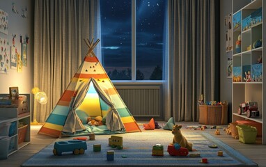 A tranquil children's bedroom at dusk, with a colorful tent in the corner and various toys neatly arranged, evoking the peacefulness of a kindergarten environment during the night 