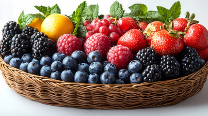 Many different fresh fruits in wicker basket isolated on white