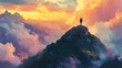 © Super Stocks - A man stands atop a mountain, overlooking the valley and clouds at sunrise. The sky is painted with vibrant colors, as if it were an endless canvas,