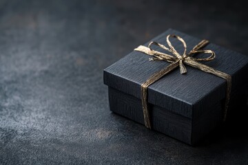 A stylish black gift box adorned with a shimmering gold ribbon is placed on a dark surface, perfect for celebrations or surprises