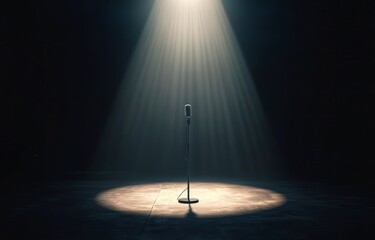 A vintage microphone stands alone under a spotlight, creating an intimate atmosphere in the quiet theater setting