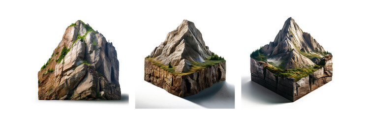 Poster - Three rocky mountains are shown in a square format with grass and foliage around the base of each mountain.