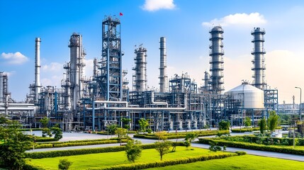 large industrial storage tanks and silos at a chemical processing facility under a clear blue sky