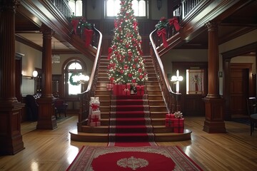 Elegant holiday decor at a grand staircase features a beautifully adorned Christmas tree and festive decorations in a historic building