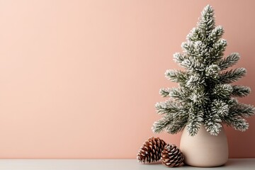 A snowy Christmas tree stands in a beige vase, accompanied by two pinecones, creating a festive winter atmosphere