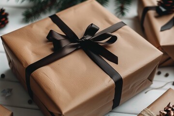 A beautifully wrapped gift with a black ribbon sits among holiday decorations on a white wooden surface in a cozy setting