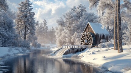 Wall Mural - A wooden water mill with a large water wheel is nestled in a snowy forest beside a frozen river.