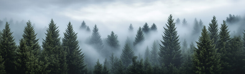 Wall Mural - A panoramic view of an evergreen forest shrouded in mist, with the trees towering above and forming intricate patterns against the backdrop of grey clouds.