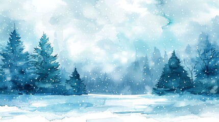 Sticker - A watercolor painting of a snowy forest scene with pine trees and a snowy landscape.