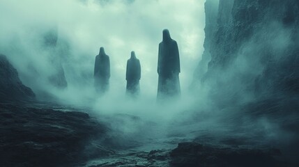 Poster - Three statues of men are standing in a foggy, misty landscape