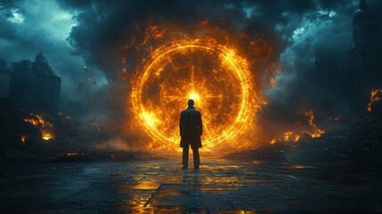 Canvas Print - A man stands in front of a glowing circle with a cross through it