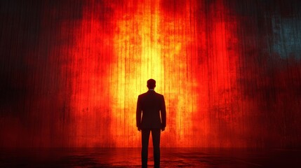 Wall Mural - A man stands in front of a waterfall with a red glow