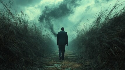 Poster - A man walks through a forest with a foggy sky above him