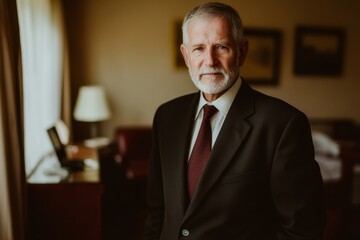 An older gentleman with a beard poses in a smart suit, exuding calm confidence in a well-decorated hotel room