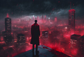 The ghost of a young man in a black suit and a blood-stained red scarf. Standing on the roof of a tall building.