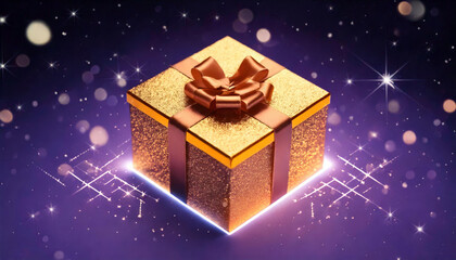 Golden gift box glowing on festive purple background