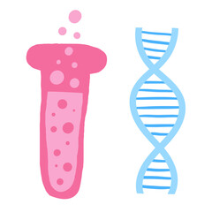 Cute science theme composition, postcard with funny hand drawn doodle dna spiral structure shape, test tube. School, science, education objects set
