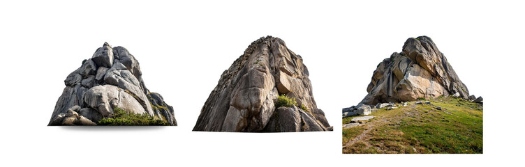 Poster - Three isolated rocky mountain peaks with green vegetation at the base.