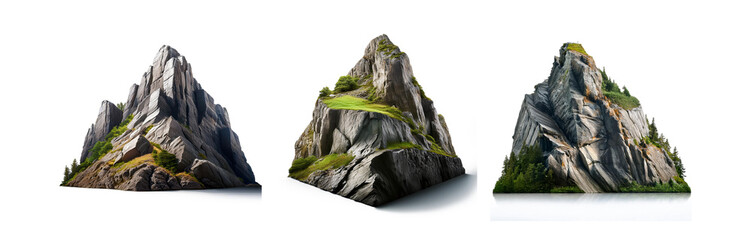 Poster - Three rocky mountains isolated against a white background, each with a unique shape and green vegetation.