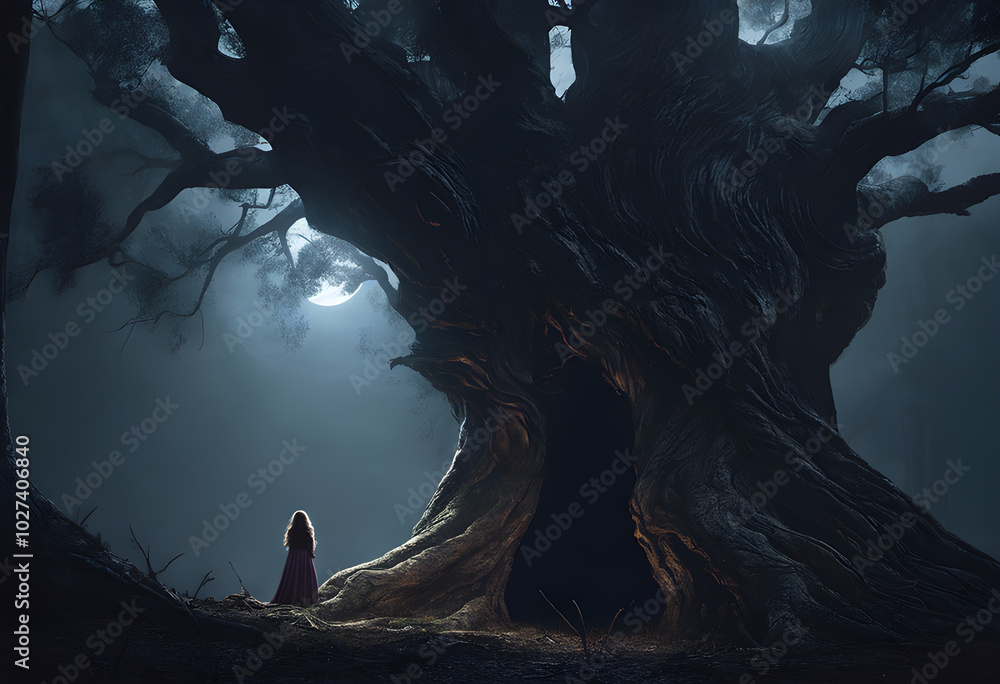 A large ancient tree in the middle of the forest. Inside the trunk is a ...