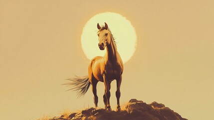 Wall Mural - a lone brown horse stands on a cliff overlooking a golden sunset.