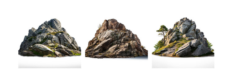 Poster - Three rocky mountain formations, each with green vegetation on top.