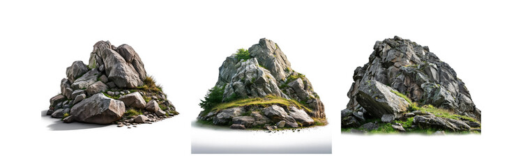 Poster - Three rocky outcroppings with green grass and foliage isolated on a white background.
