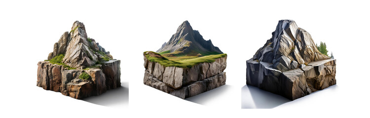Poster - Three rocky mountain peaks, each on a square base, are isolated on a white background.  One mountain has a small patch of grass, another has a green hillside.