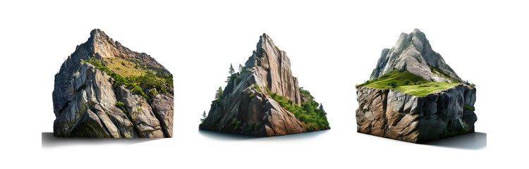 Poster - Three rocky mountains, isolated on a white background, with a green top.
