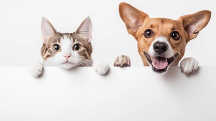 Playful cat and dog peeking over a white background