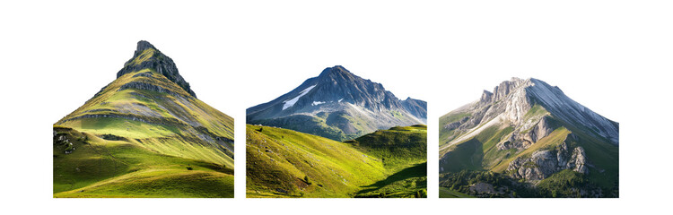 Poster - A scenic landscape with three majestic mountain peaks surrounded by verdant hills and valleys.