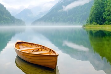Naklejka na meble A wooden boat floats on the lake, surrounded by misty mountains, with moody lighting