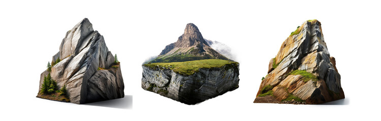 Poster - Three isolated mountains with grassy tops and rocky sides, one with a peak obscured by clouds.