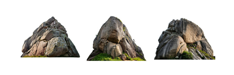 Poster - Three rocky mountain peaks with green vegetation on the base isolated on a white background.