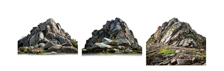 Poster - Three rocky mountain peaks with green grass patches.