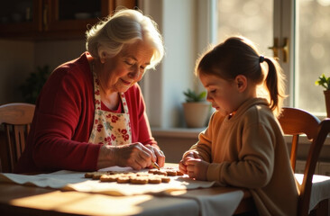 Grandmother with granddaughter cooking traditional gingerbread cookies in the oven for the holiday, kitchen in the house