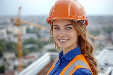 A young woman with long blonde hair smiles confidently while wearing an orange hard hat and safety vest. She stands on a rooftop overlooking a bustling city, with cranes visible in the background unde