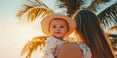 Wall Mural - A woman is holding a baby in a hat. The baby is smiling and looking at the camera. The scene is set in a tropical location, with palm trees in the background. Scene is warm and joyful