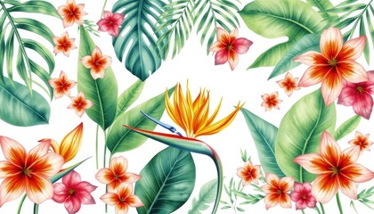  Set of tropical bright flowers and leaves: paradise flower, strelitzia on white background, watercolor illustration AI Generate