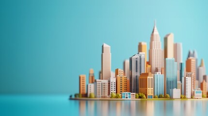 A vibrant, stylized city skyline featuring various architectural designs against a solid blue background, reflecting a modern urban landscape.